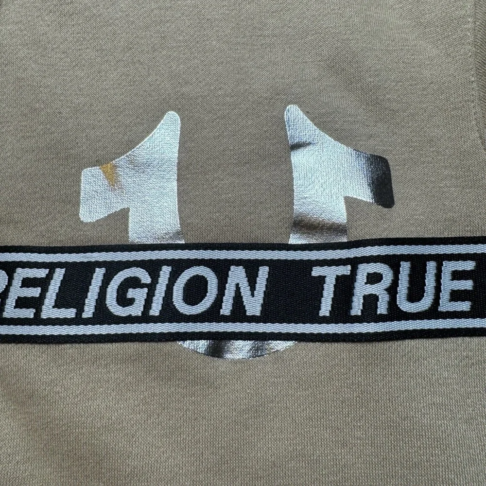True Religion Zip Hoodie Men Medium Travertine Beige Foil Logo Taping 700315 New